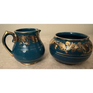 Sadler Teal Gold Floral Creamer & Sugar Set Ceramic Glazed Handles Vtg. Germany